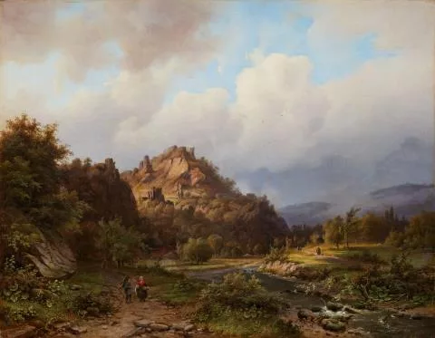 Alexander Joseph Daiwaille — Weite Gebirgslandschaft mit Fluss und Staffagefiguren