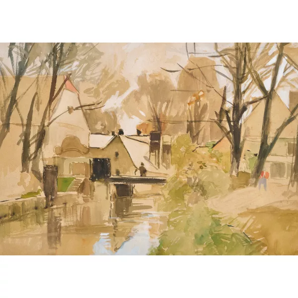 August Rieger — Pont sur le canal avec maisons.