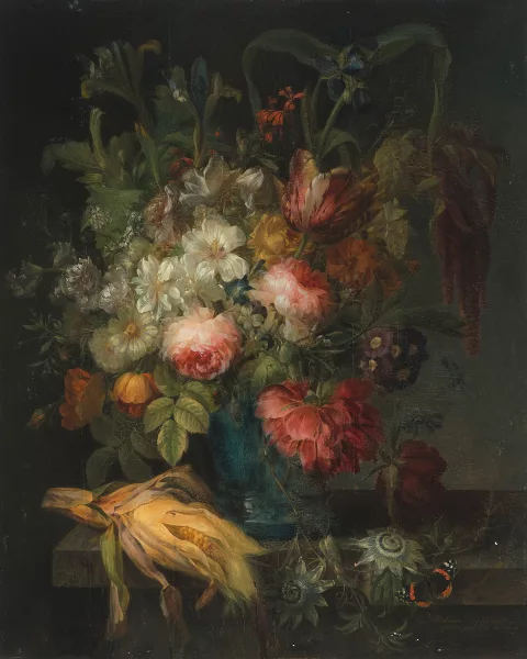 Joseph-Laurent Malaine — Nature morte aux fleurs, un épi de maïs sur la plaque de marbre
