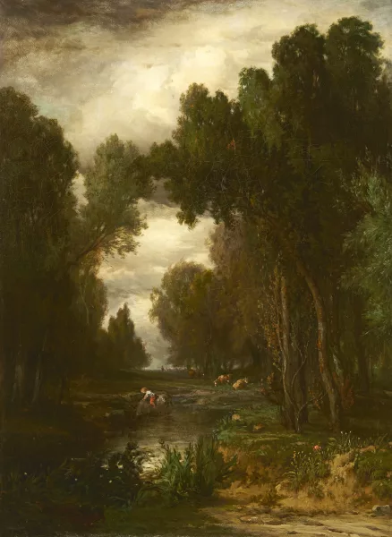 Constant Troyon — Paysage fluvial boisé