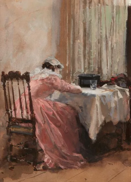 Carl von Marr — An einem Tisch schreibende junge Frau