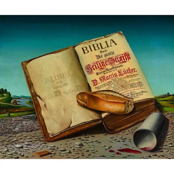Georges Spiro — Nature morte avec Écriture sainte, pain et coupe de vin