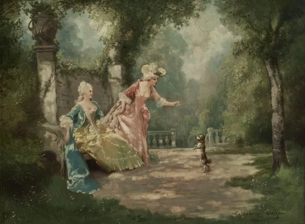 Théodore Levigne — Elégantes au petit chien dans un parc