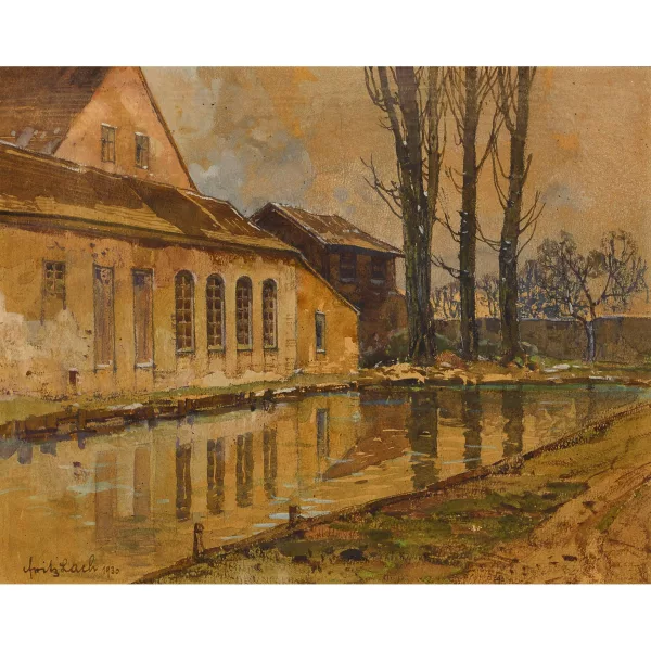 Fritz Lach — Hauspartie an einem Teich.