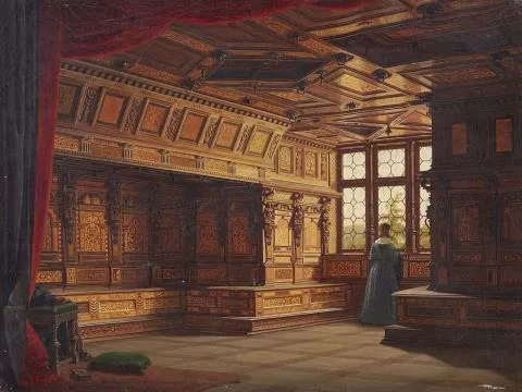 Heinrich Heger — Reich vertäfelter Innenraum mit Dame am Fenster