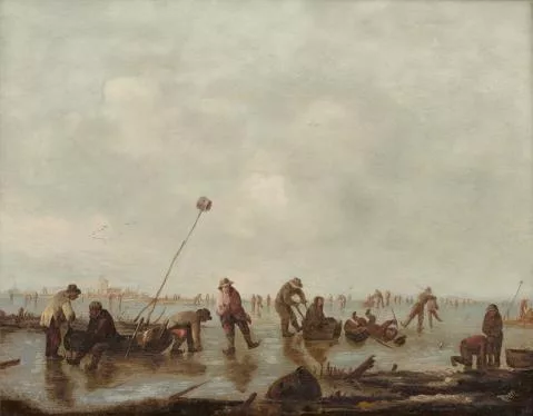 Abraham Susenier — Winterlandschaft mit Schlittschuhläufern und einer Stadt im Hintergrund