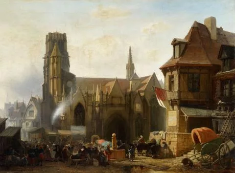 Albert Schwendy — Jahrmarkt vor einer gotischen Kirche in Frankreich