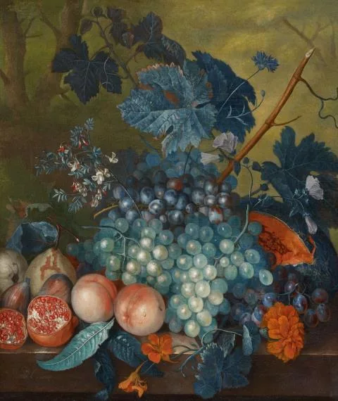 Jacob van Huysum — Früchtestillleben mit Trauben, Pfirsichen, Birnen und Granatäpfeln