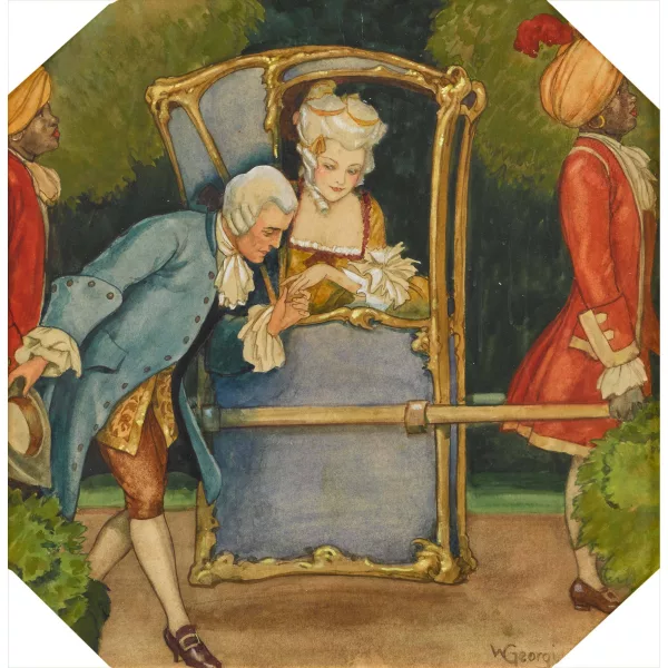 Walter Georgi — Rokokodame in einer Sänfte mit galantem Herrn.