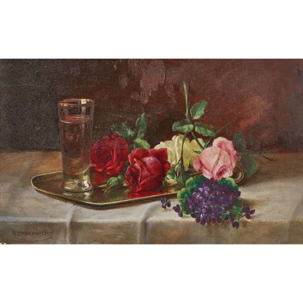 Alois Zabehlicky — Still life with roses, violets and a glass