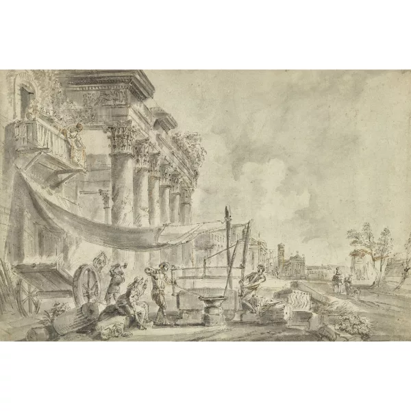 Jean-Baptiste Lallemand — Capriccio mit italienischer Stadt und Steinmetzen.