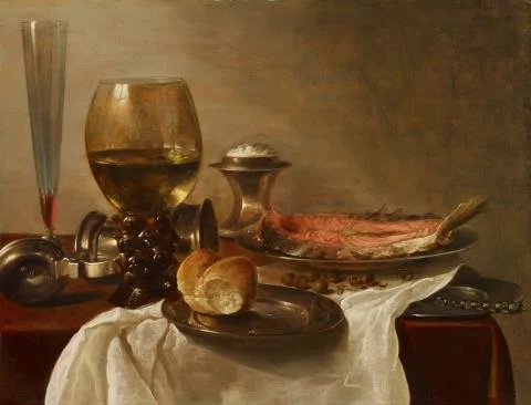 Cornelis Kruys — Stillleben mit Gläsern, Brot und Salm