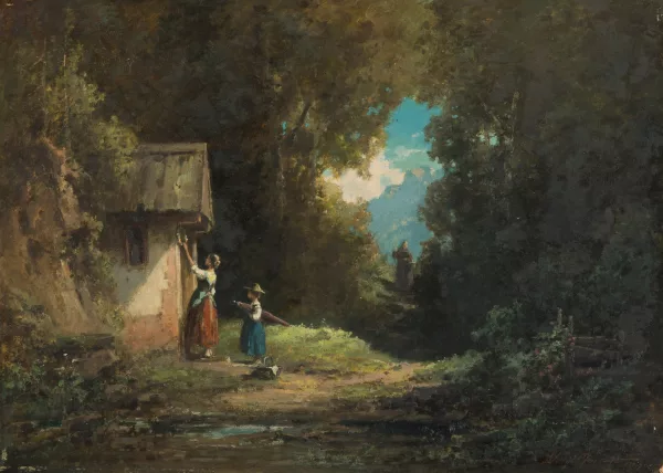 Willy Moralt — Mutter und Tochter bei der Waldkapelle, im Hintergrund ein Mönch