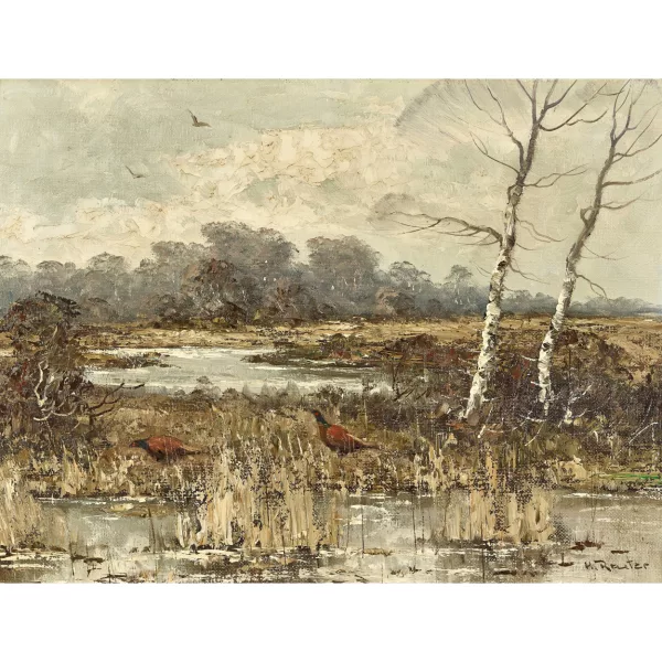 Helmut Reuter — Paysage de lande avec bouleaux et faisans.
