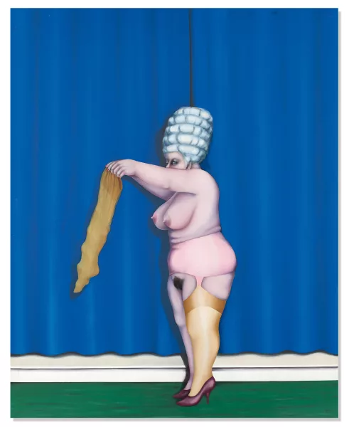 Hermann Albert — Blondine vor blauem Vorhang, 1971