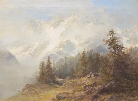 Edward Theodore Compton — Alpenlandschaft vor schneebedecktem Massiv