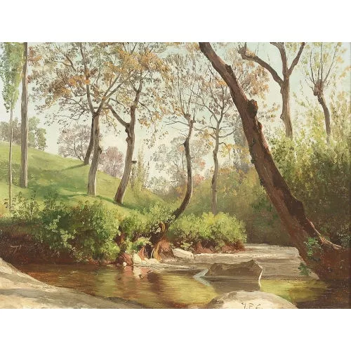 Philippe George — Vue de rivière en automne avec rive boisée.