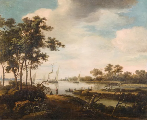 Abraham Blommaert — Flusslandschaft mit Segelschiffen und Figuren