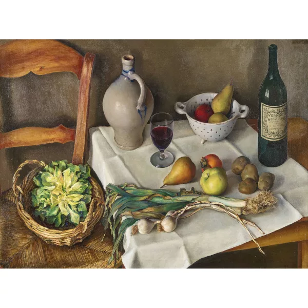 Wout Schram — Stillleben mit Gemüse, Früchten, Steinzeugkrug und Noilly Prat.