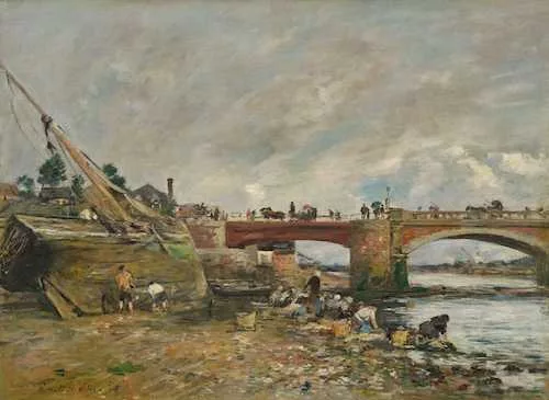Eugène Boudin — Laveuses sur la Touques près du vieux pont, 1878