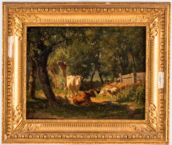 Gerard Bilders — Vaches, mouton et poules en bordure de forêt,