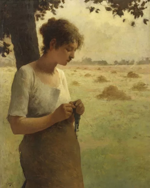Henry Lerolle — Jeune femme tricotant au soir des foins