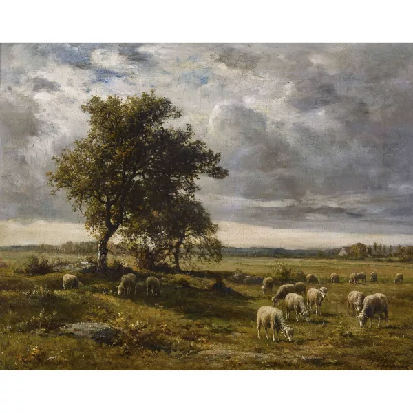 Ferdinand Chaigneau — Weite Landschaft mit weidender Schafherde.