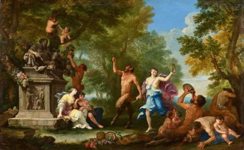 Filippo Lauri — Bacchantinnen, von Pan angeführt, feiern den Weingott Bacchus mit Tanz und Blumengirlanden