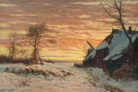 Paul Müller-Kaempff — Bauernhof und Mühle im winterlichen Ahrenshoop