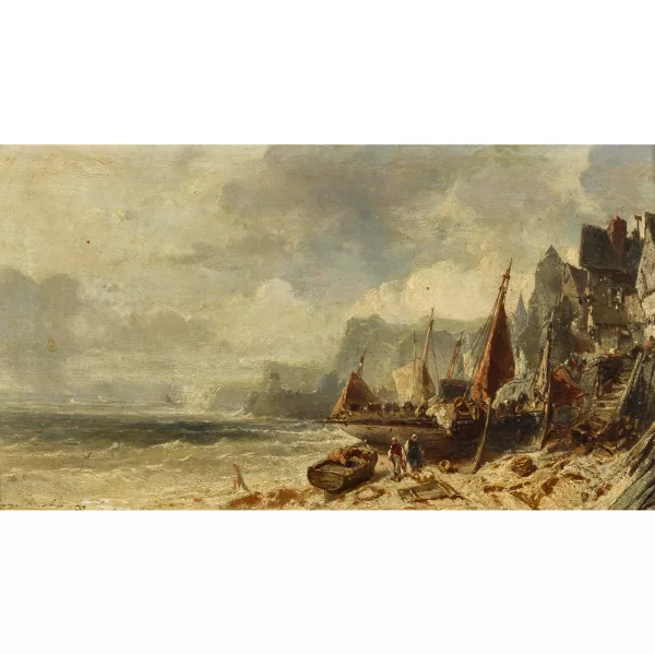 Eugène Deshayes — Littoral avec une ville et des bateaux
