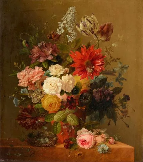 Arnoldus Bloemers — Blumenstillleben mit Vogelnest
