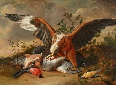 Jacob Xavier Vermoelen — Ein Falke mit seiner Beute: ein flämischer Eichelhäher, ein männlicher und ein weiblicher Gimpel und ein Rebhuhn, in einer Landschaft mit Disteln und anderen Wildblumen