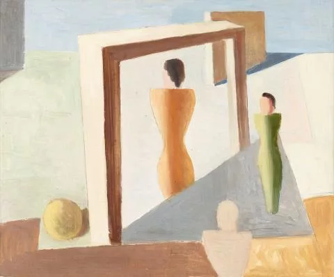 Franz Esser — Drei Figuren im Bühnenraum. Verso: Bleistiftskizze