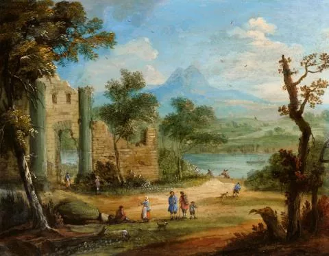 Jan Frans van Bredael — Landschaft mit Ruine und Reisenden