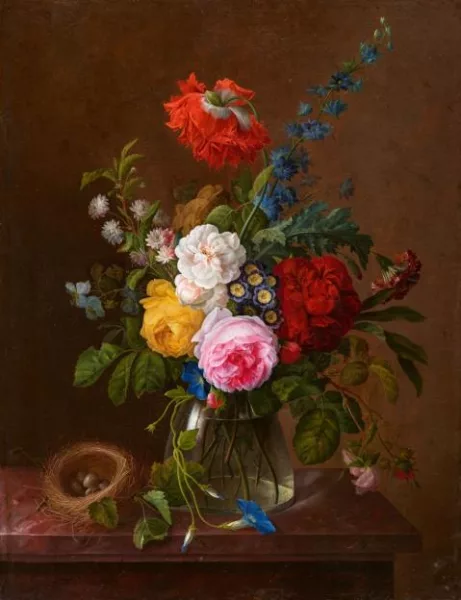 Gottfried Wilhelm Völcker — Blumenstillleben mit Vogelnest