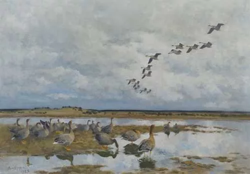 Bruno Liljefors — Wildgänse in einer Seenlandschaft. 1923.