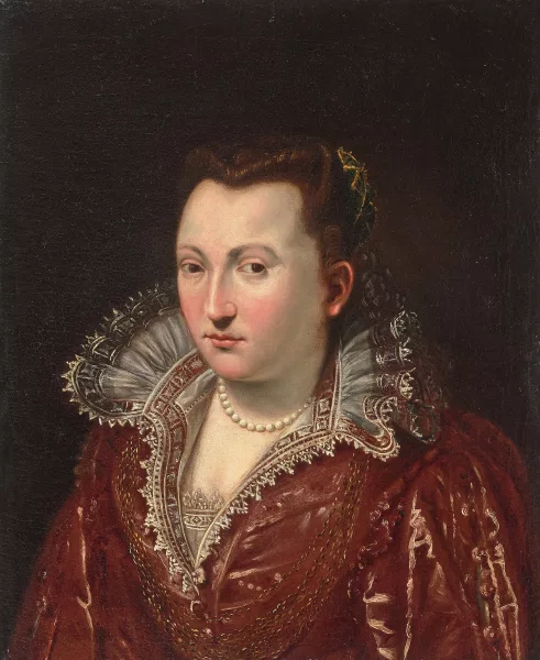 Scipione Pulzone — genannt Il Gaetano (Gaeta 1550–1598 Rom) Umkreis Bildnis einer Dame in rotem Kleid mit Spitzenkragen, wohl Bianca Cappello