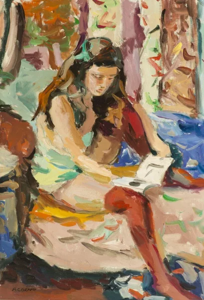 Pierre Cornu — Lesende Frau mit roten Strümpfen