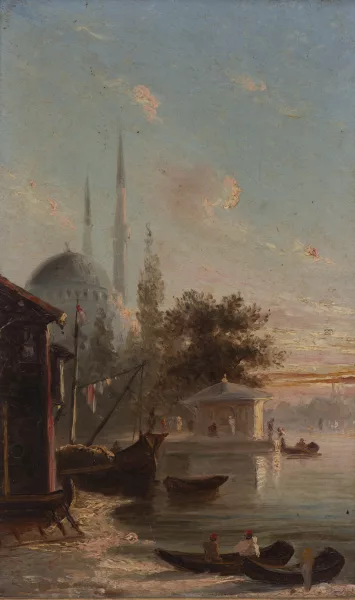 Fabius Brest — Vue du Bosphore à Istanbul au coucher du soleil avec en fond la mosquée d'Ortaköy à gauche et la mosquée bleue visible au loin