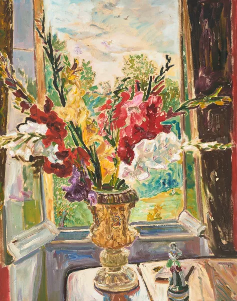 Mario Cavaglieri — Stillleben mit Gladiolenstrauss vor geöffnetem Fenster