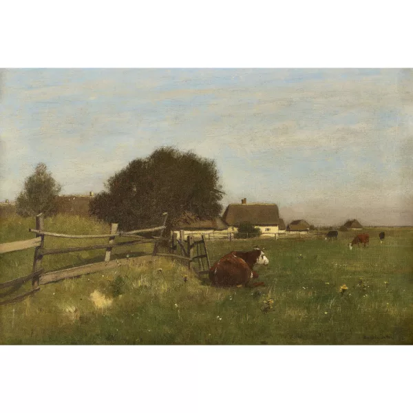 Eugen Jettel — Weidende Kühe am Dorfrand.