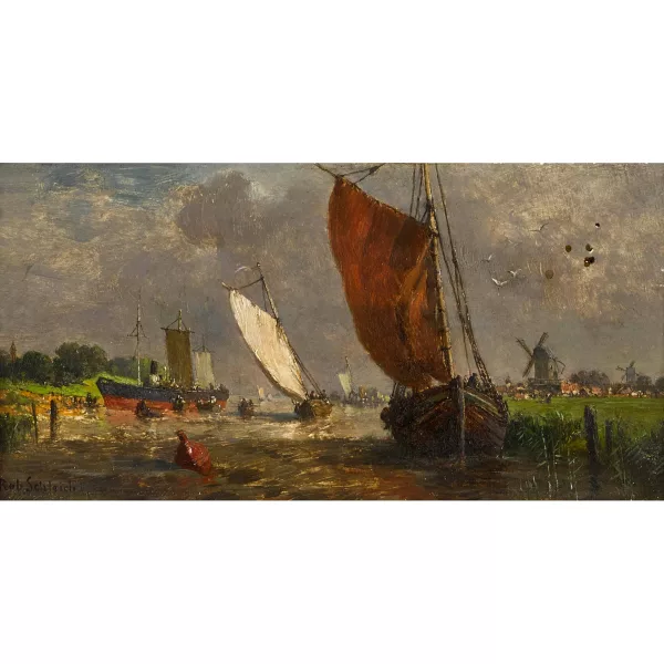 Robert Schleich — Flusspartie mit Booten und Windmühlen.