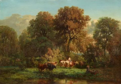 Constant Troyon — Bewaldete Landschaft mit Rinderherde