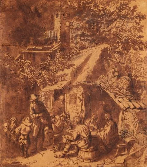 Cornelis Dusart — Drehleierspieler vor einem Wirtshaus