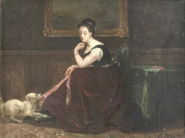 David Joseph Bles — Jeune femme avec un chien dans un intérieur