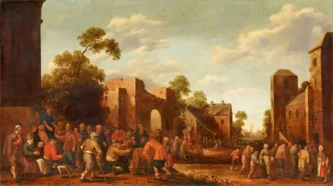 Joost Cornelisz. Droochsloot — Dorfstraße mit den sieben Werken der Barmherzigkeit