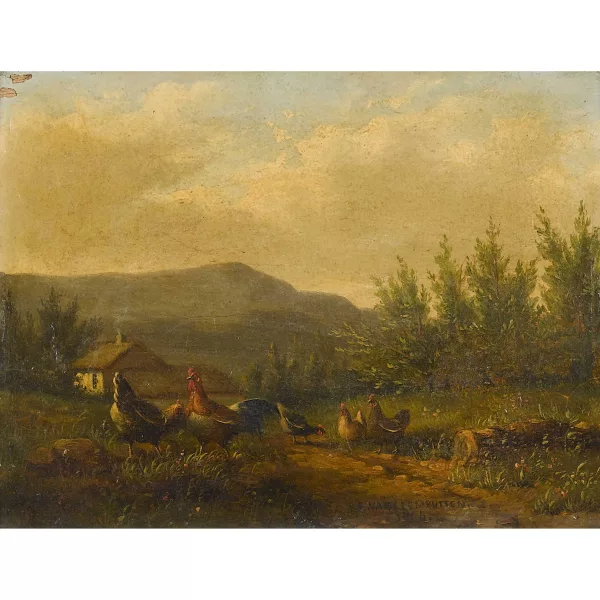 Frans van Leemputten — Wiesenpartie mit Hühnern.