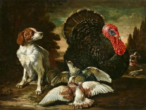 David de Koninck — Ein Truthahn, zwei Hunde und zwei Tauben vor einer Landschaft Ein Pfau, zwei Hühner und zwei Kaninchen vor einer Landschaft