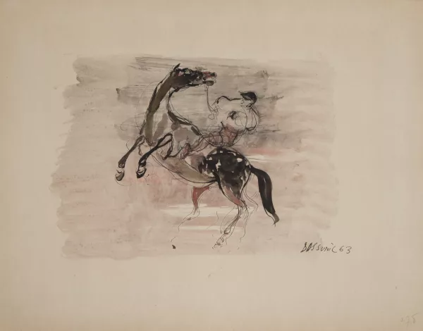 Sunil Das — Sunil DAS (1939-2015) 'Cavalier et son cheval ruant', encre sur papier