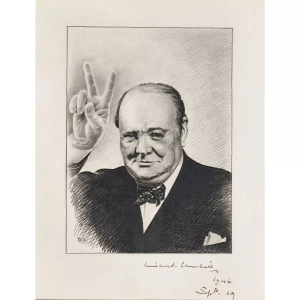 Winston Churchill — Porträt mit Autogramm.